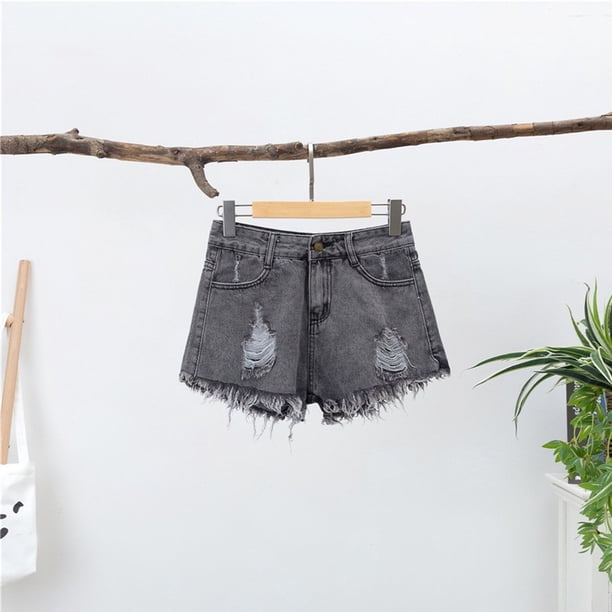 MKLEKYY Pantalones Cortos Deportivos para Mujer, de Verano, de Cintura Alta, Sexys, Perforados, con Pierna Ancha, de Mezclilla