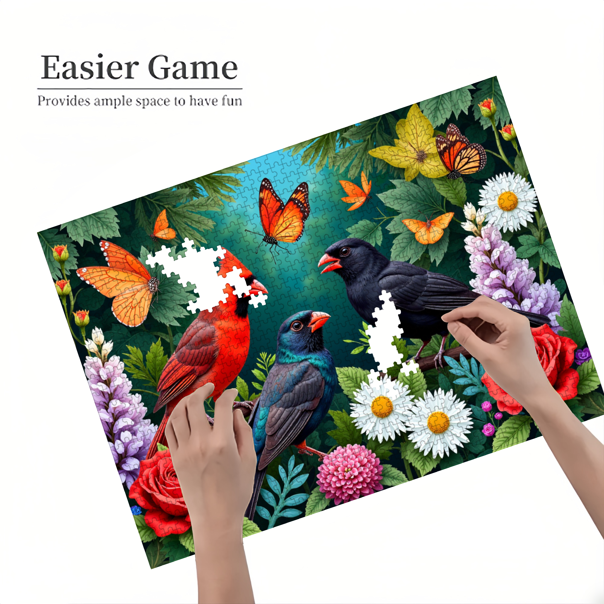 1000-piece horizontal paper jigsaw puzzle - lively birds and butterflies, with dimensions of 29.4*19.6 inches.