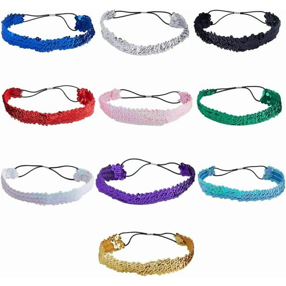10Pcs 10 Colors Sequin Headbands Elastic Stretch Adjustable Sparkly Fashion Headband