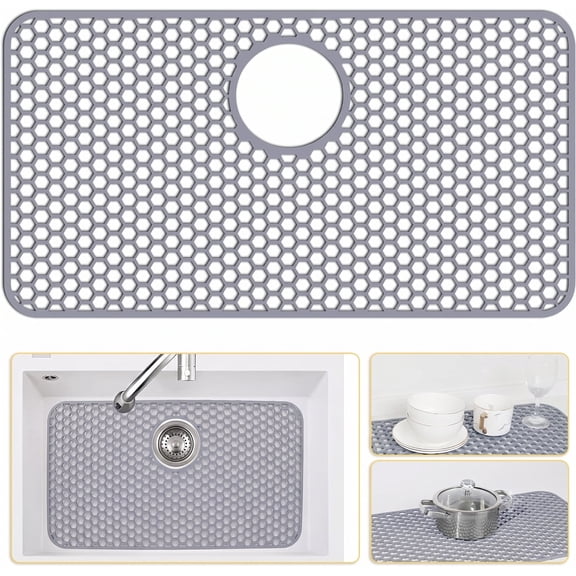 Silicone Sink Protector Mat for Kitchen Sink Bottom with Drain Hole, Non-Slip Heat Resistant, 28 x 15 in, Black