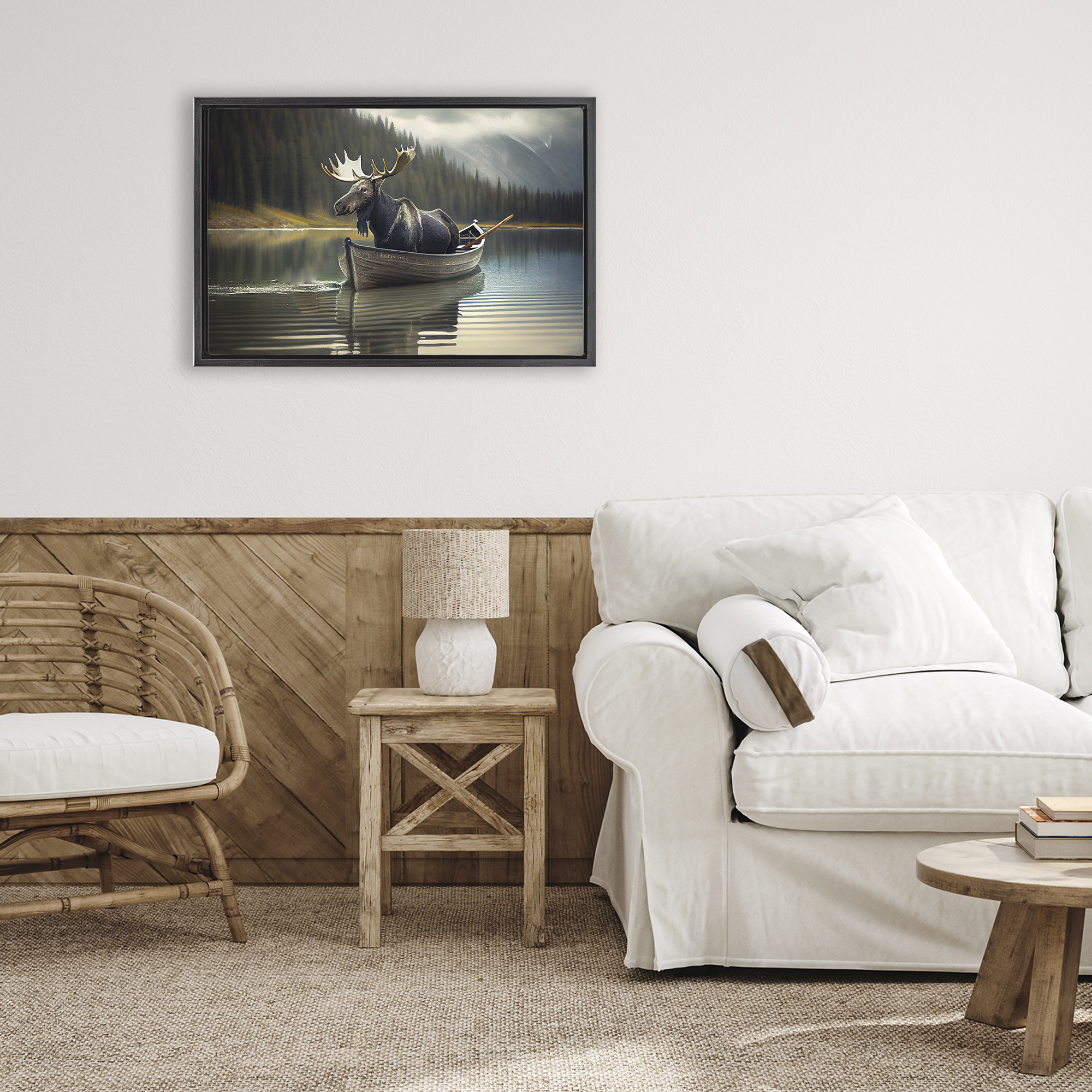 Moose in Canoe Tranquility Black Framed Floater Canvas Wall Art, design by Sasha