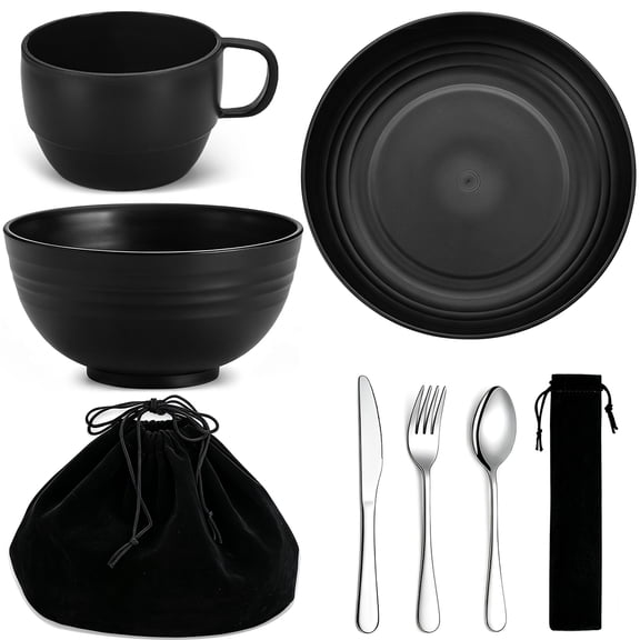 ReaNea Camping Tableware Set, Black Bowl Mug Plate with Stainless Steel Silverware Knife Fork Spoon, Portable Travel Picnic Outdoor Mess Kit with Storage Pouches,Easy to Carry and Clean