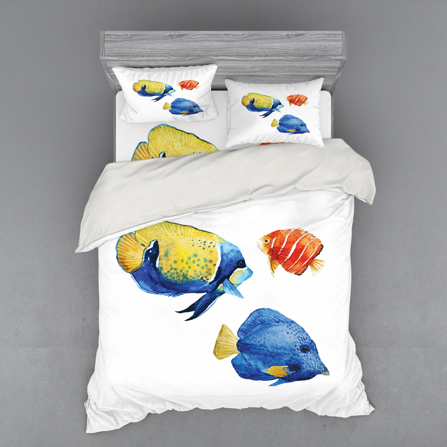 Fish Duvet Cover Set, Tropical Aquarium Life Discus Fish and Goldfish
