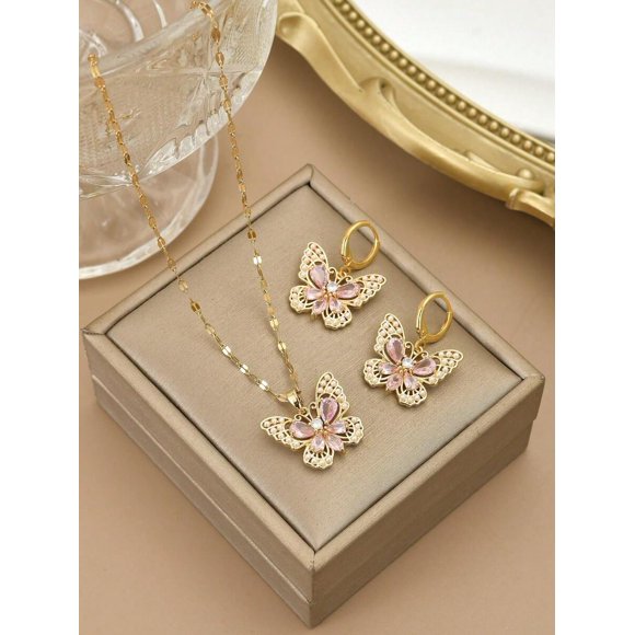 Juego de Joyas Mariposa Rosa con Perlas y Circonita, Collar y Aretes