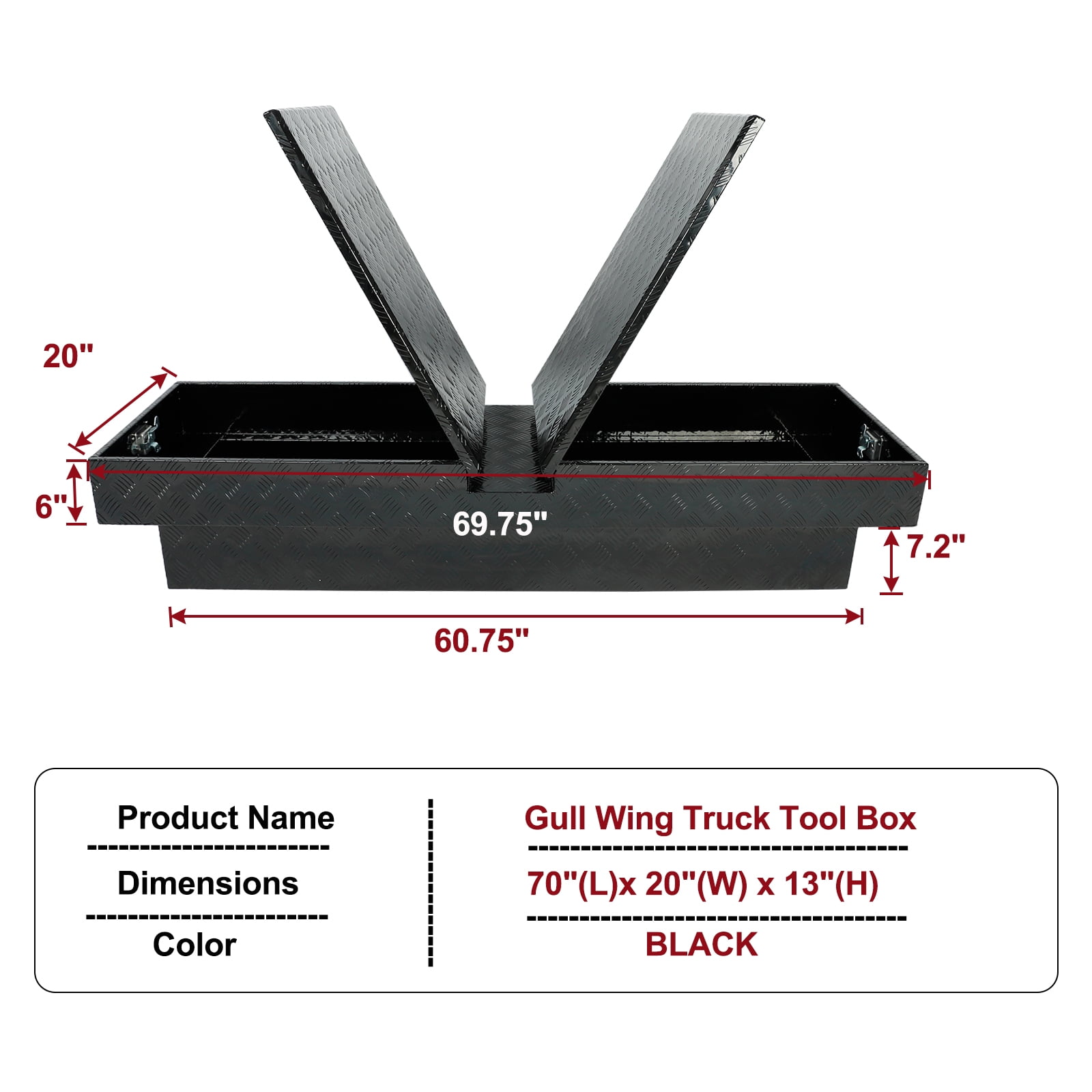 Gull Wing Crossover Truck Tool Box, 70"X20"X13" Aluminum Pickup Truck Bed Waterproof Tool Box Trailer Storage Organizer w/Lock & Key