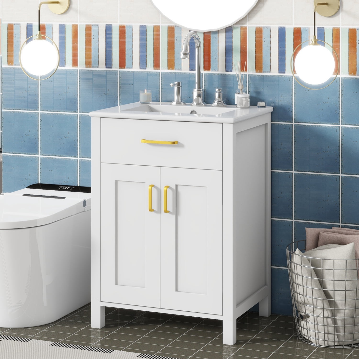 Harper & Bright Designs 24" Bathroom Vanity Combo with Ceramic sink, Small Bathroom Vanity Cabinet with 2 Storage Soft Close Doors, Gold+White