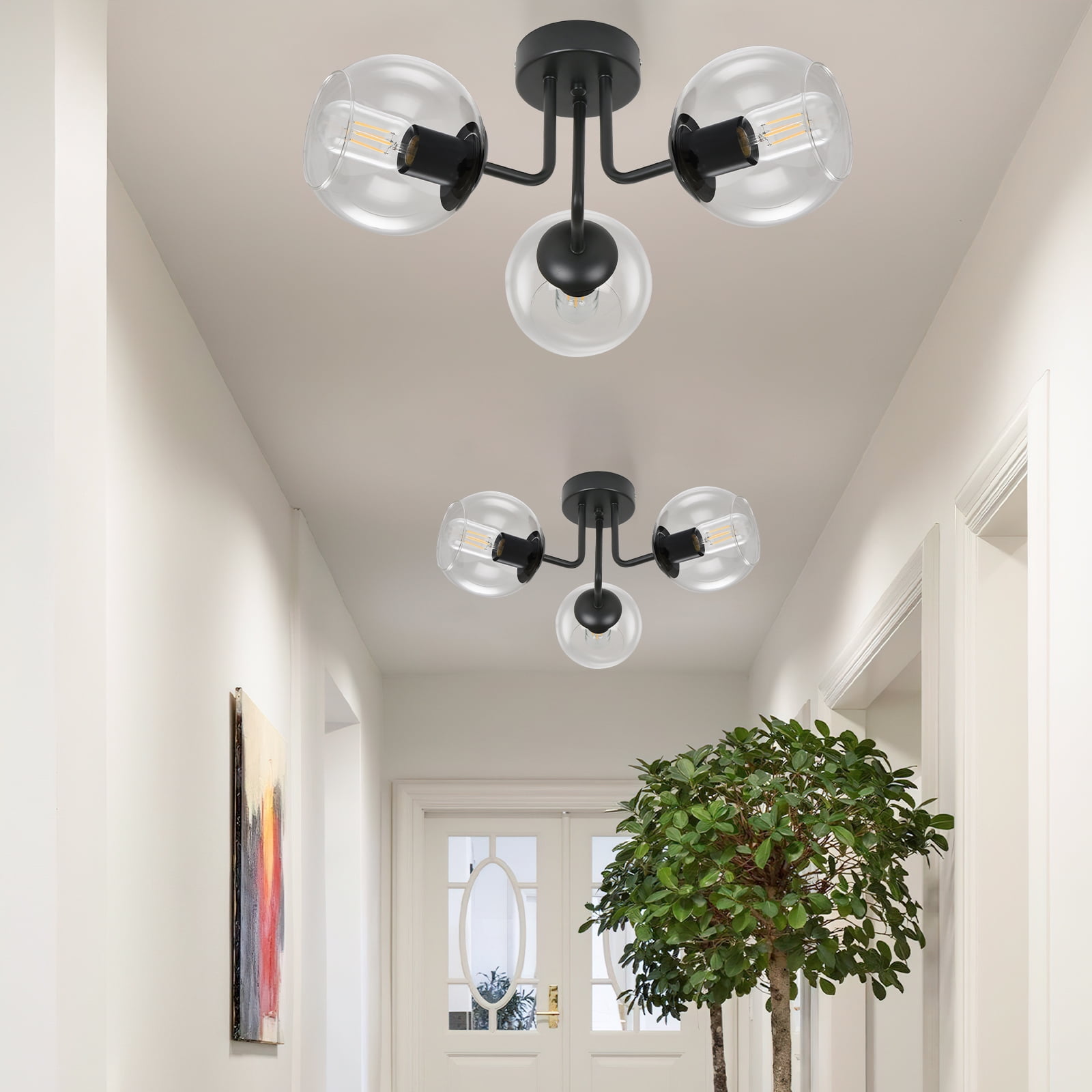 GoYeel 3 Light Black Global Ceiling Light Glass Shade Modern Close to Ceiling Light for Dining Room Kitchen Island Entryway Foyer