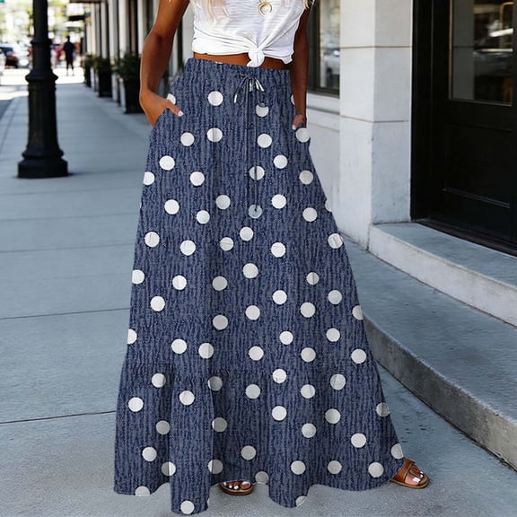 Jsaierl Women's Polka Dot Tiered Maxi Skirt, Drawstring Waist Casual Flowy Skirt, Retro Ditsy Print Skirt for Picnic & Brunch