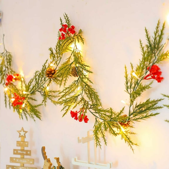 Norfolk Pine Garland 6ft Christmas Garland Pre-Lit LED Lights, Soft-Touch Pine Cones Red Berries Artificial Pine Needle Garland Battery Operated Mantel & Table Centerpiece Indoor Fireside