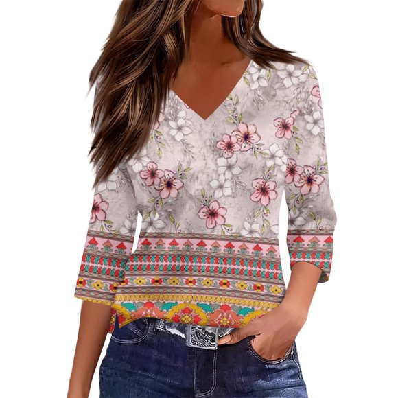 OIOLOYJM 3/4 Sleeve Tops for Women Casual Floral Print T Shirts Retro Loose V-Neck Tops Basic Outfits Pink XL
