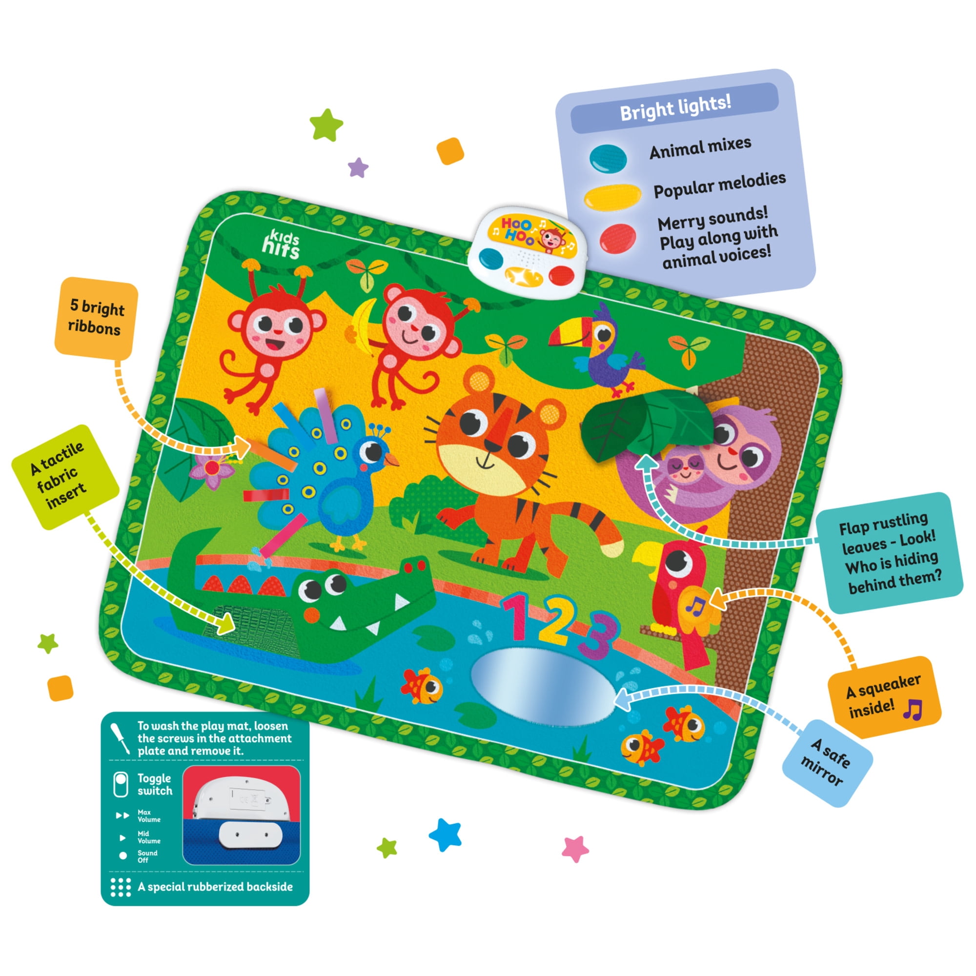 Kids Hits: Touch & Play Mat - Jungle Pals - 31.5 x 23.6" Sensory Floor Pad, Lights-Animal Sounds-Songs Module, Tactile Learning Toy, Baby-Toddler 6Mo+