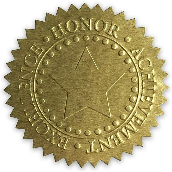 Embossed Gold Foil Certificate Seals - Excellence, Honor, Achievement Award Stickers - 2" Diameter - 25 Pack
