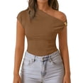 thumbnail image 6 of Babcutegg Women’s Summer Off-Shoulder Top – Asymmetrical Metal Buckle Short Sleeve Solid Color Casual T-Shirt Coffee Size S, 6 of 10