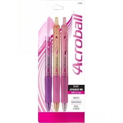 Pilot 3pk Acroball Breast Cancer Awareness Ballpoint Pens Fine Point 0.7mm Black Ink