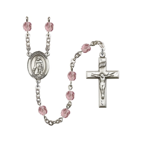 St. Peregrine Laziosi Silver-Plated Rosary 6mm June Light Purple Fire Polished Beads Crucifix Size 1 3/8 x 3/4 medal