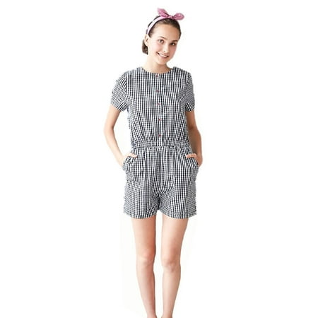 Gingham Romper - Bunny n Bloom Womens Dark Blue White Gingham Button Romper