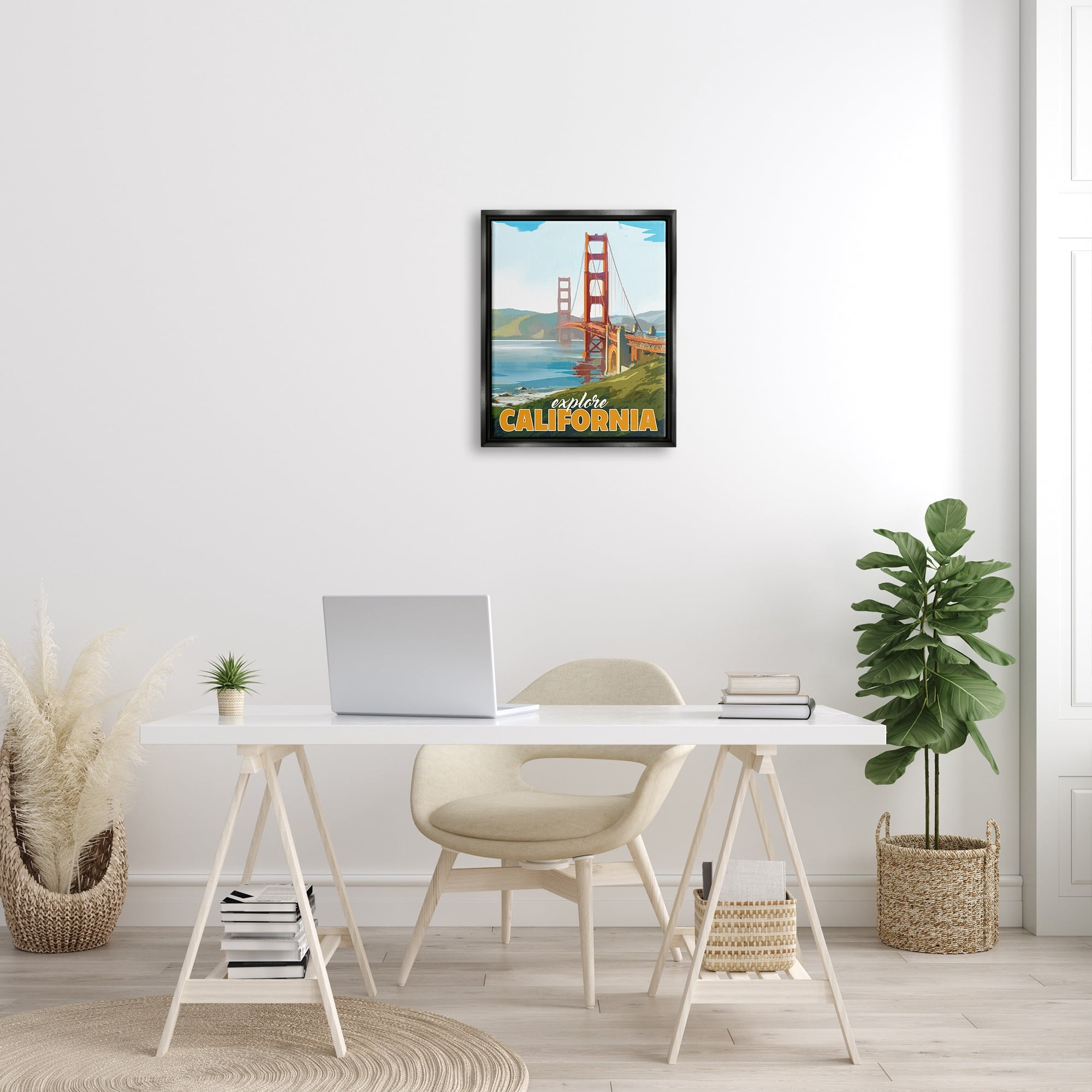 Stupell Industries Explore California Water Bridge Distant Meadows Scenery Graphic Art Jet Black Floating Framed Canvas Print Wall Art, Design by David Owens Illustration