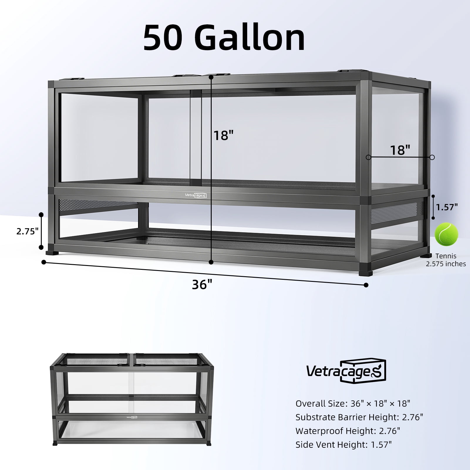 VetraCage Waterproof 36x18x18 Glass Reptile Terrarium, 50 Gallon Bioactive Enclosure with Sliding Doors, Screen Top & Aluminum Frame