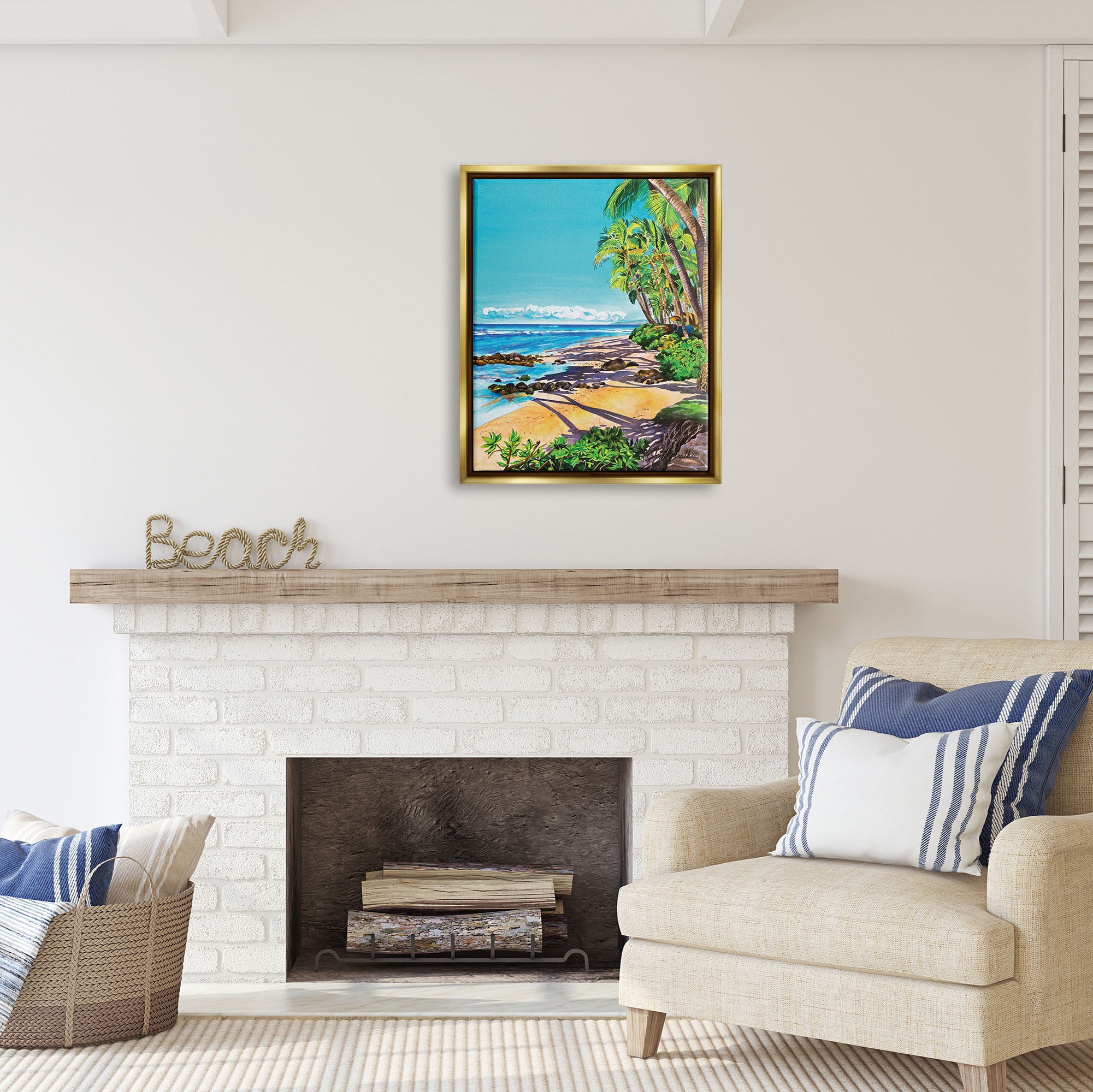 Stupell Industries Tropical Shore Landscape Nature Painting Gold Floater Framed Art Print Wall Art, 25 x 31