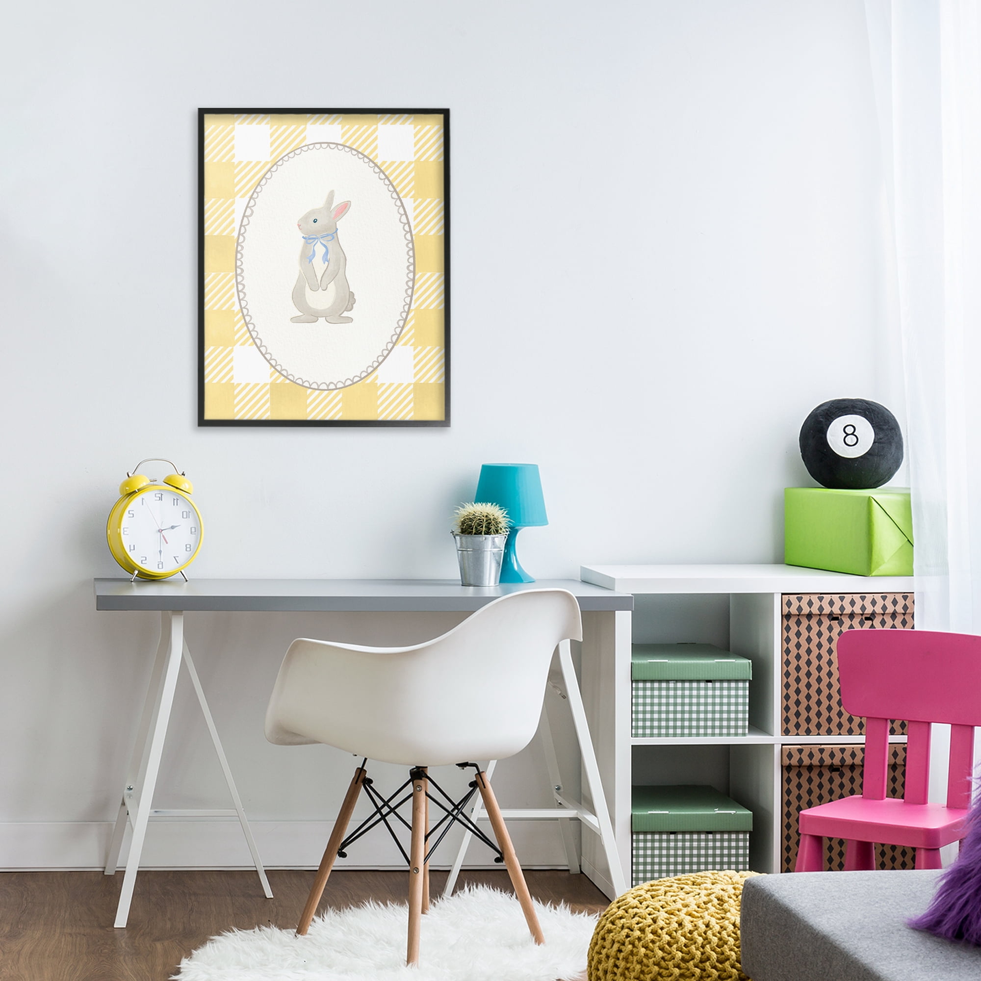 Stupell Industries Little Bunny on Yellow Gingham Black Framed Giclee Art, design by The Paper Curator