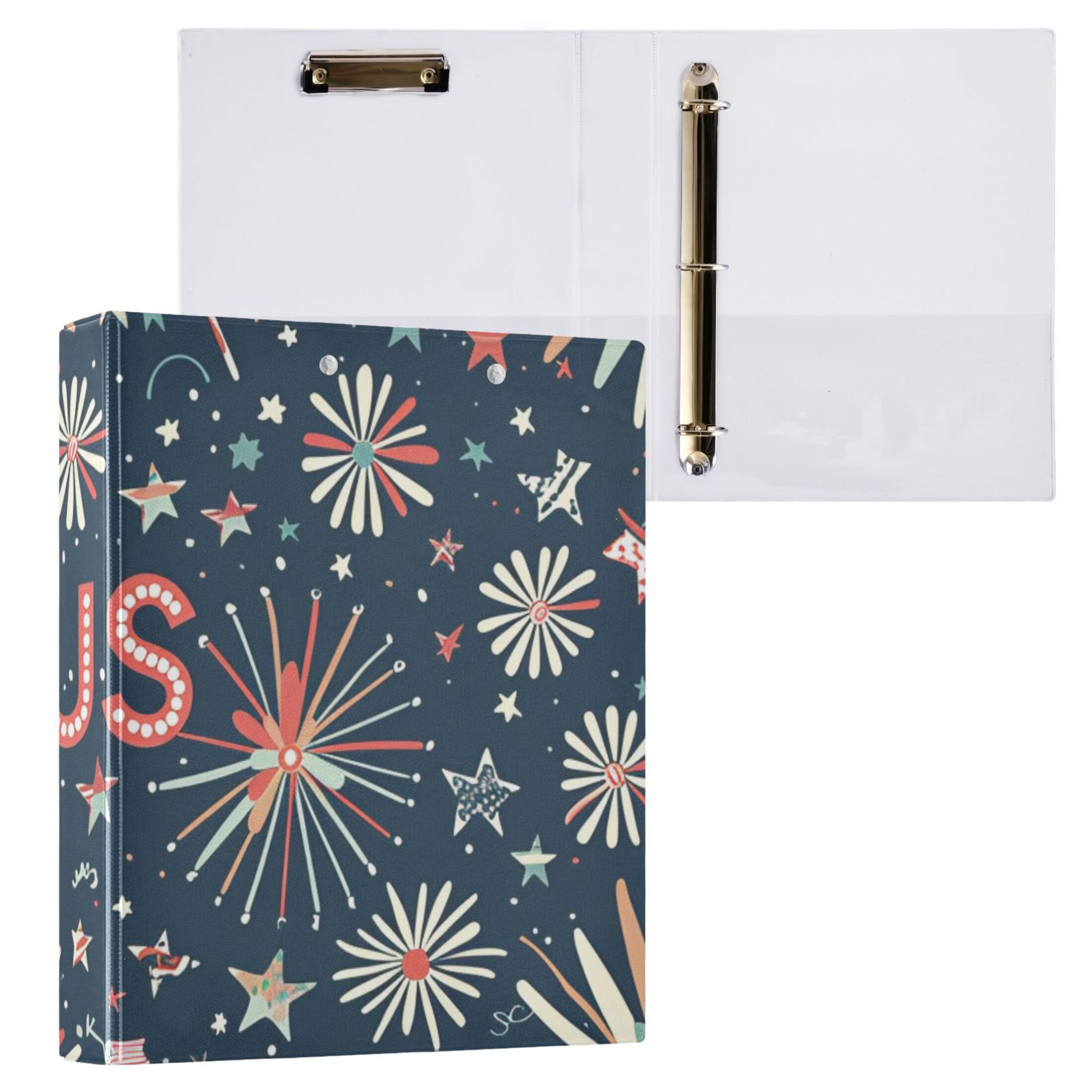 Fireworks and Stars Us 3 Ring Binders 1.5 inch Hardcover File Folders with Interior Pockets A4 Size Organizer for School Office Hospital