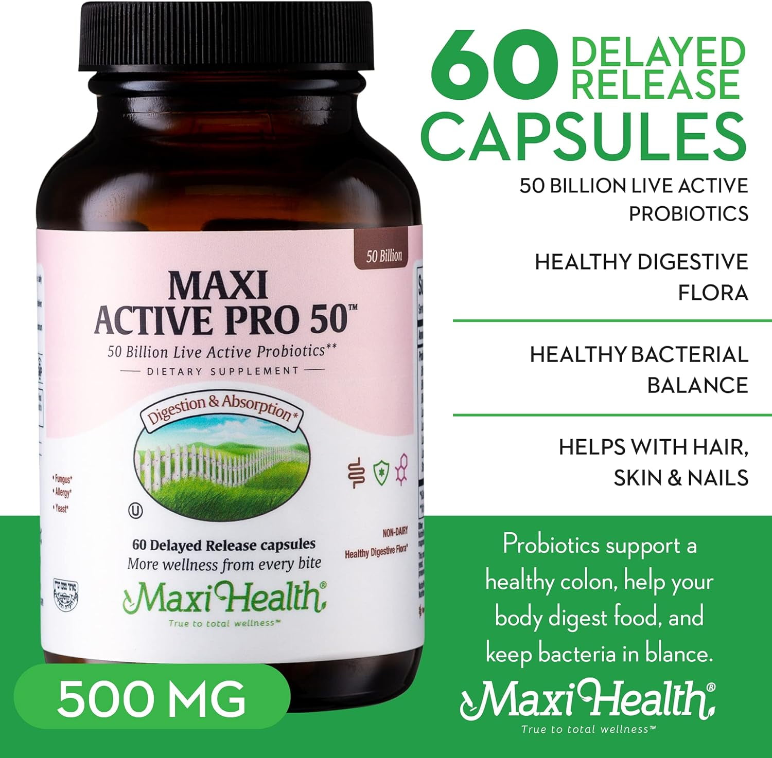 Maxi Health Probiotic Plus – Prebiotic & Probiotic for Adults and Kids – 50 Billion CFU – 60 Capsules