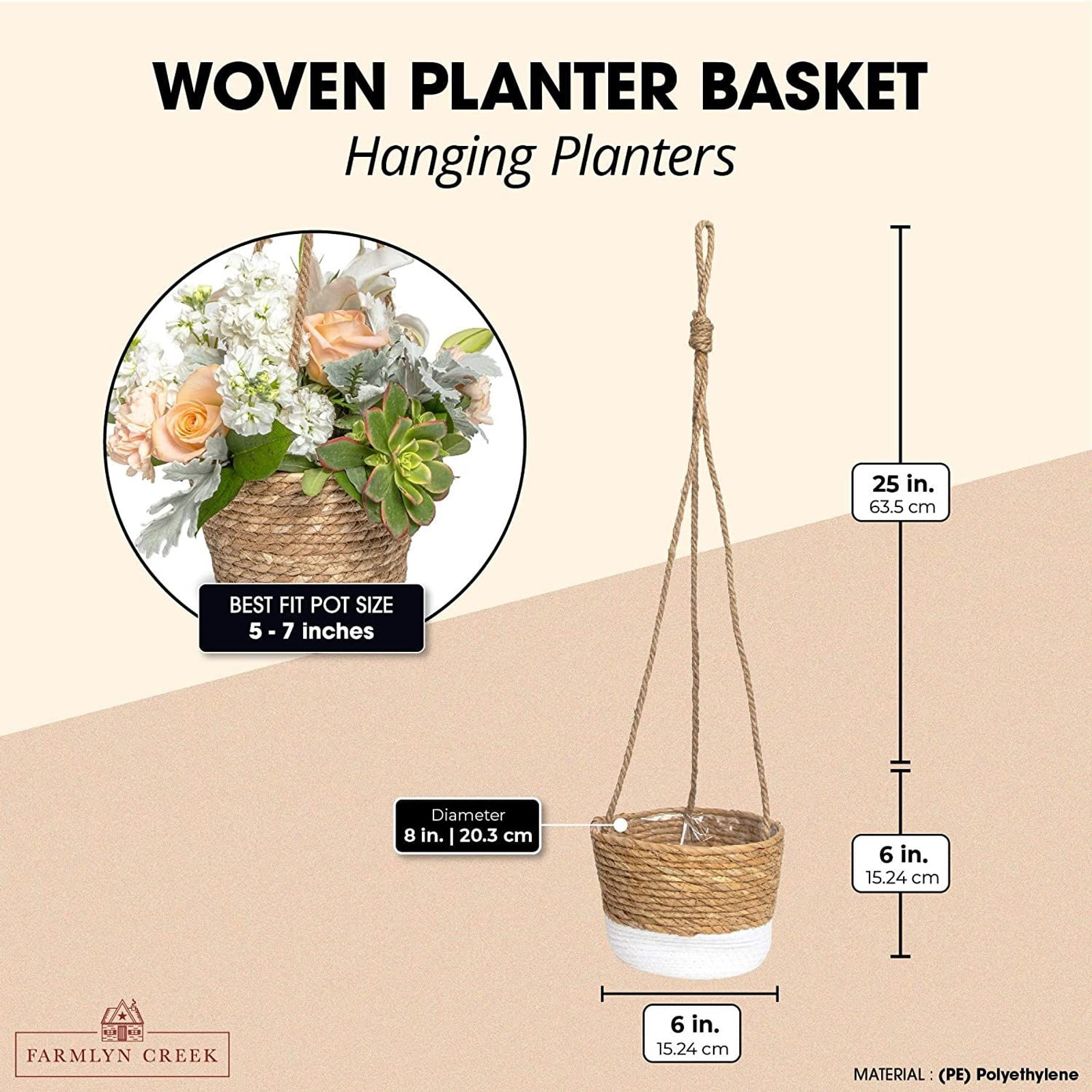 Farmlyn Creek 2 Pack Hanging Flower Planter Pots, Indoor Jute Woven Cotton  Rope Plant Basket, Brown, 2 Sizes