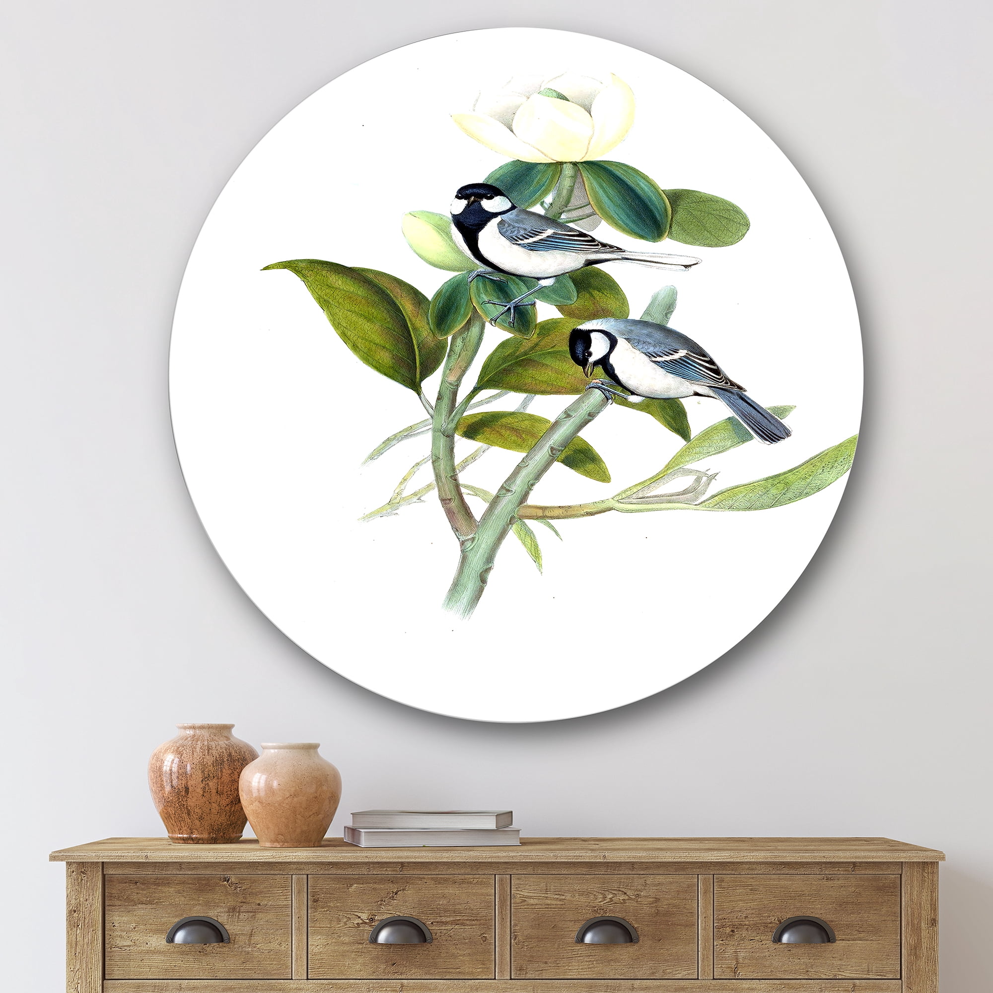 Designart 'Vintage Countryside Birds On Branch I' Farmhouse Circle Metal Wall Art 36x36 - Disc of 36