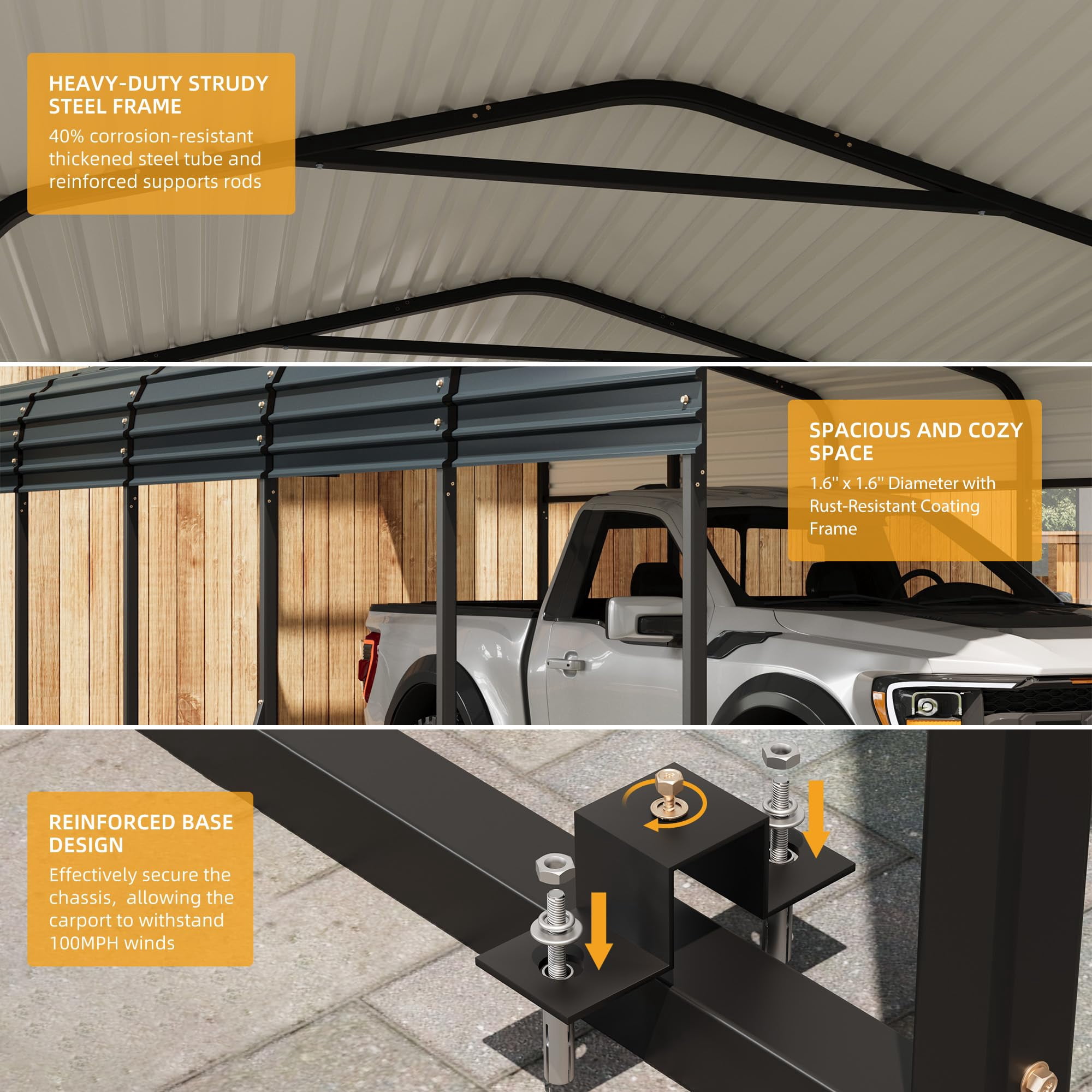 TROPOW 12 x 20 FT Metal Carport with Galvanized Steel Roof, Heavy Duty Metal Roof Carport with Enhanced Base, Tall Metal Carport Kits Garage for Tractors, Trucks, Boats, Cars
