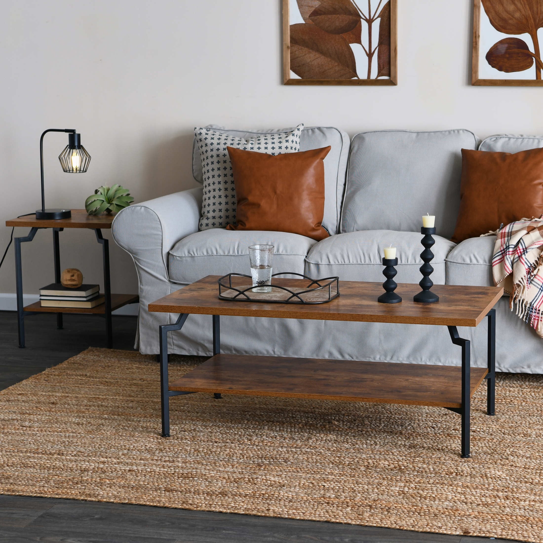 Household Essentials Crown Rectangular Coffee Table with Storage Shelf Rustic Hickory Wood Grain and Black Metal