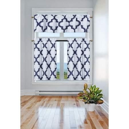 White Curtains With Navy Blue Design 3-Piece 7LO Navy Blue Blackout Rod Pocket Kitchen Curtain Set, Two (2) Geometric Design Tier Panels with One (1) Matching Swag Valance Included ()