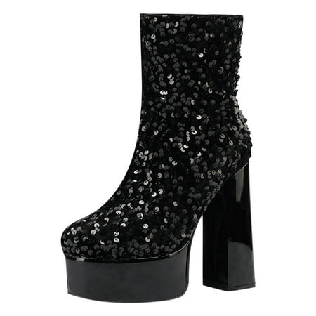 

Womens Ankle Boots Low Heels Cutout Booties Women Ankle Boots Autumn And Winter New Pattern Fashion Sequin Decoration Shiny Thick Heel Thick Pla