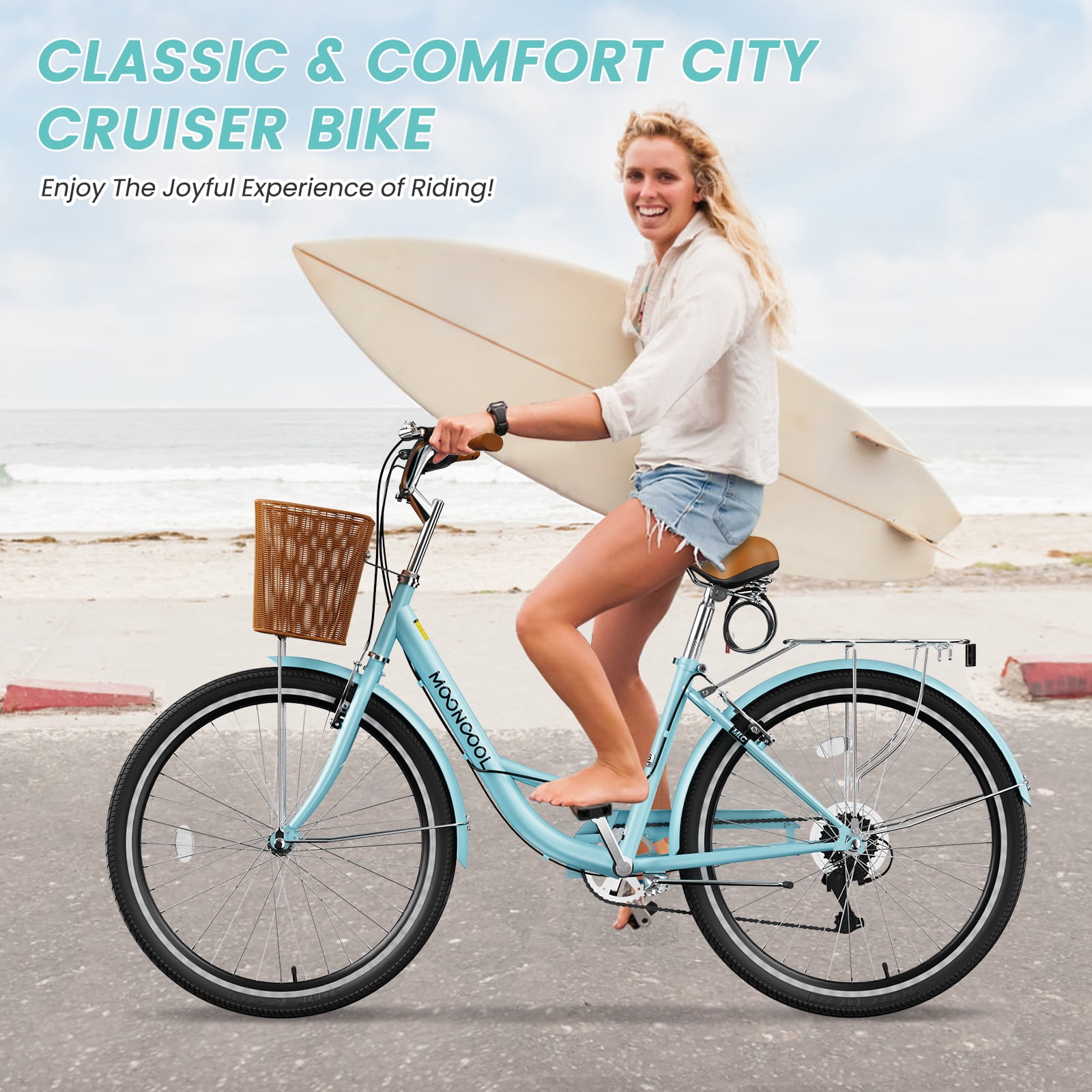 MOONCOOL 24/26 Inch Cruiser Bike for Women, 7 Speed Step-Through Bicycle with Basket, Rear Rack & Lock, Retro City Bike for Adults