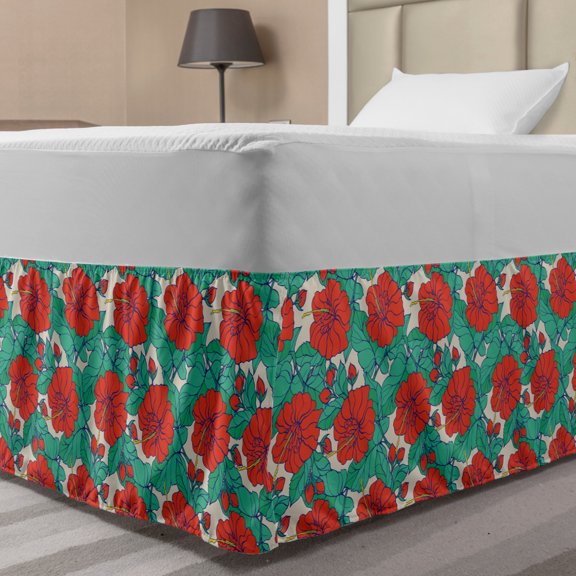 Flowers Bed Skirt, Hibiscus Blossom Bouquets Pattern Exotic Buds Leaves Flourishing Tropical, Elastic Bedskirt Dust Ruffle Wrap Around for Bedding Decor, 4 Sizes, Scarlet Sea Green, by Ambesonne