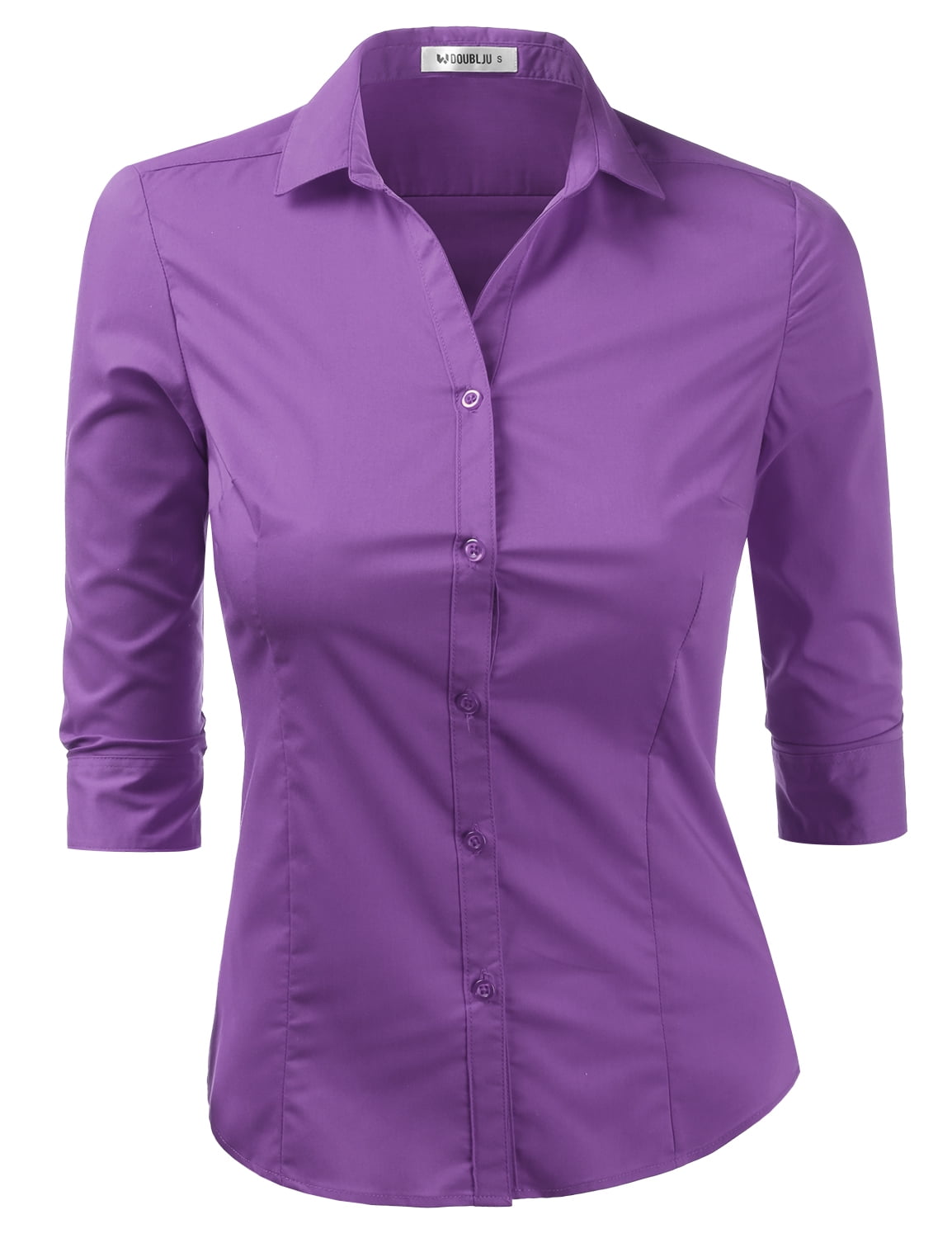 Doublju Women's 3/4 Sleeve Slim Fit Button Down Dress Shirt
