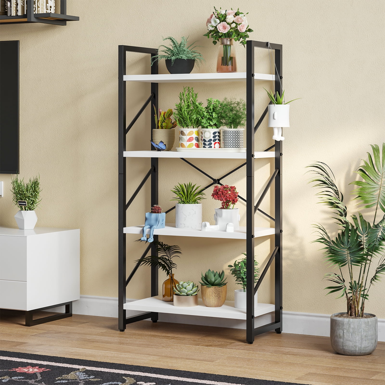 Dextrus 3-Tier Bookshelf, Ladder Bookcase, Industrial Freestanding Modern Open Display Storage Organizer Book Shelves ,Black and White