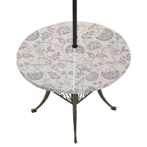 Outdoor Tablecloth with Umbrella Hole and Zipper Pastoral Flowers Round Fitted Table Cover with Elastic Waterproof Purple Farmhouse Floral Patio Tablecloths for Picnic BBQS Garden Party Fit 45"-54"