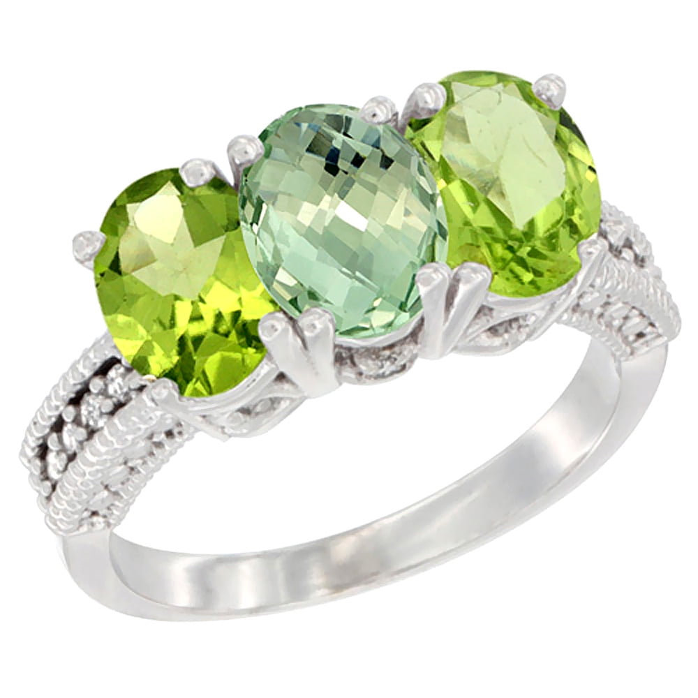 10K White Gold Natural Green Amethyst & Peridot Sides Ring 3-Stone Oval 7x5 mm Diamond Accent, sizes 5 10 by WorldJewels
