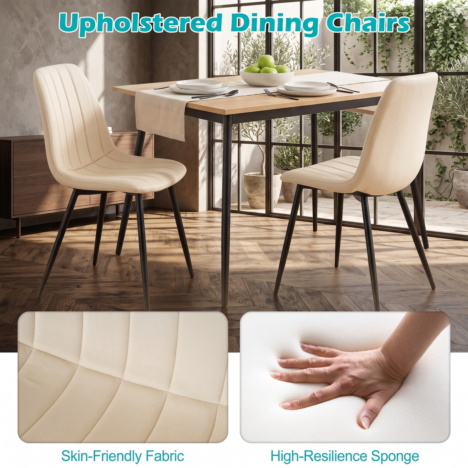 Furnibear Upholstered Fabric Dining Chairs Set of 4, Mid-Century Modern Accent Kitchen Side Chairs with Sturdy Metal Legs, Curved Backrest and Padded Seat for, Beige