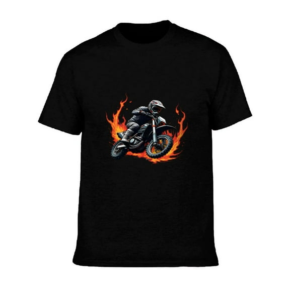 Men's Cotton Short Sleeve T-Shirt - Dynamic Dirt Bike Rider Design with Flames Casual Sporty Tee for Motorcycle Enthusiasts