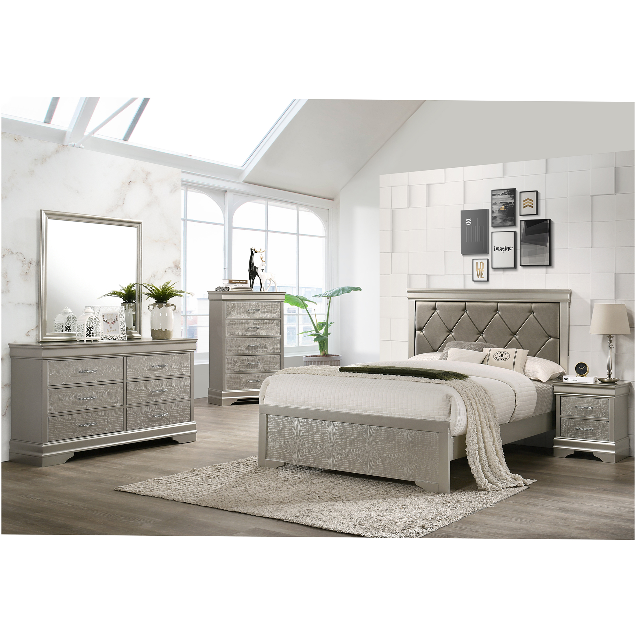 JERFIT King Size Upholstered Bed Frame with Button Tufted Headboard, Modern Beige Crocodile Texture Panel Bed for Master Bedroom, Solid Wood Structure