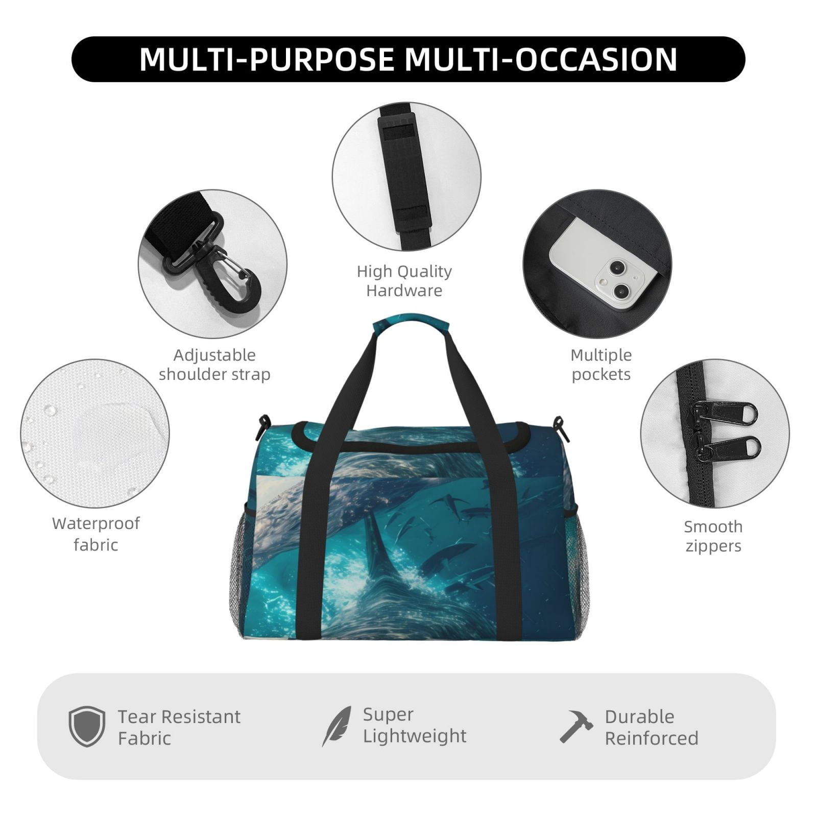 Fuzoiu Airplane Shark Print Travel Duffle Bag,Carry On Tote Bags,Duffel Bag,Sport Gym Bag, Hospital Bag for Labor and Delivery, Overnight Bag,Luggage Bag