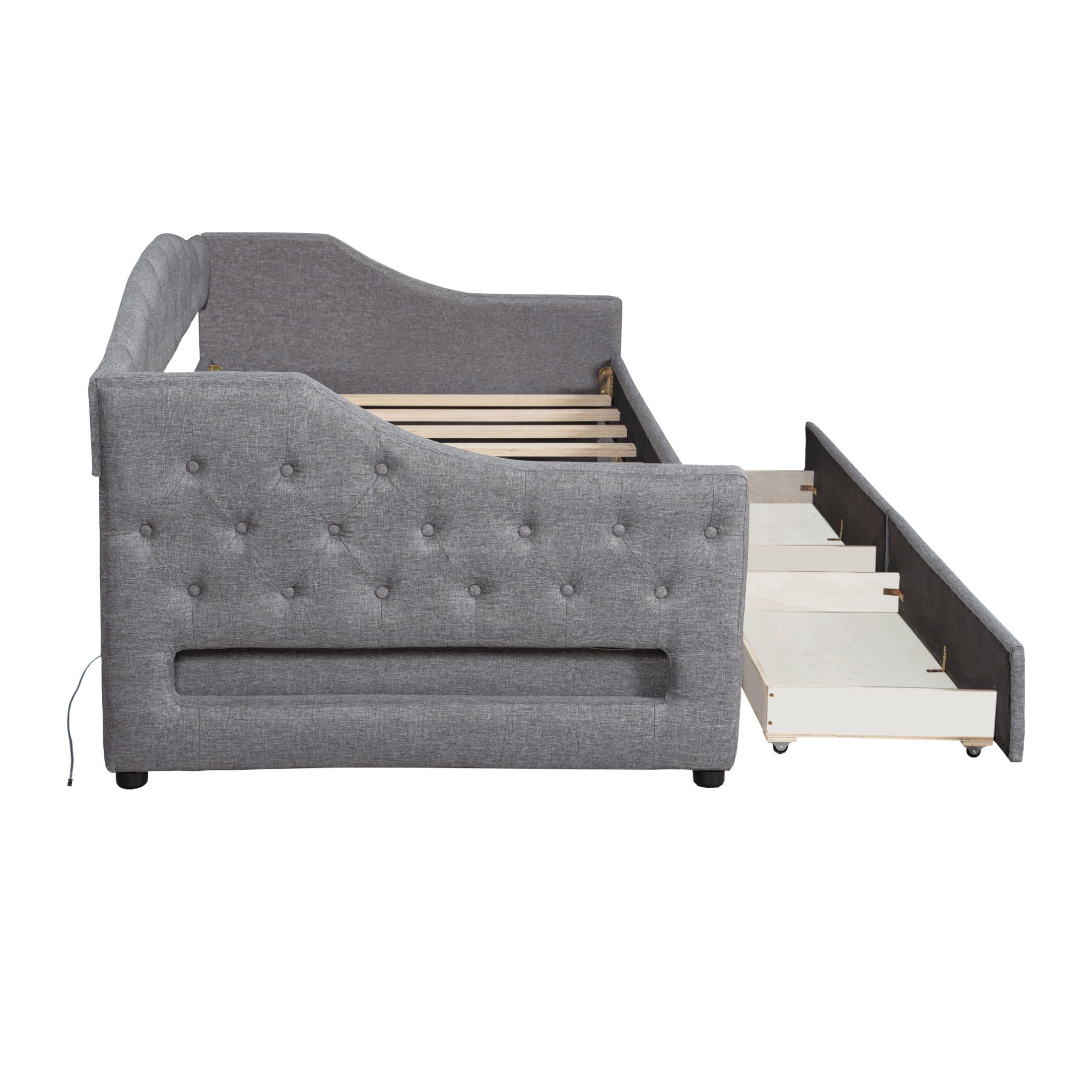 Noble House Twin XL Linen Upholstered Daybed, Tufted Frame with 7-Color LED Belt and 2 Storage Drawers, Gray