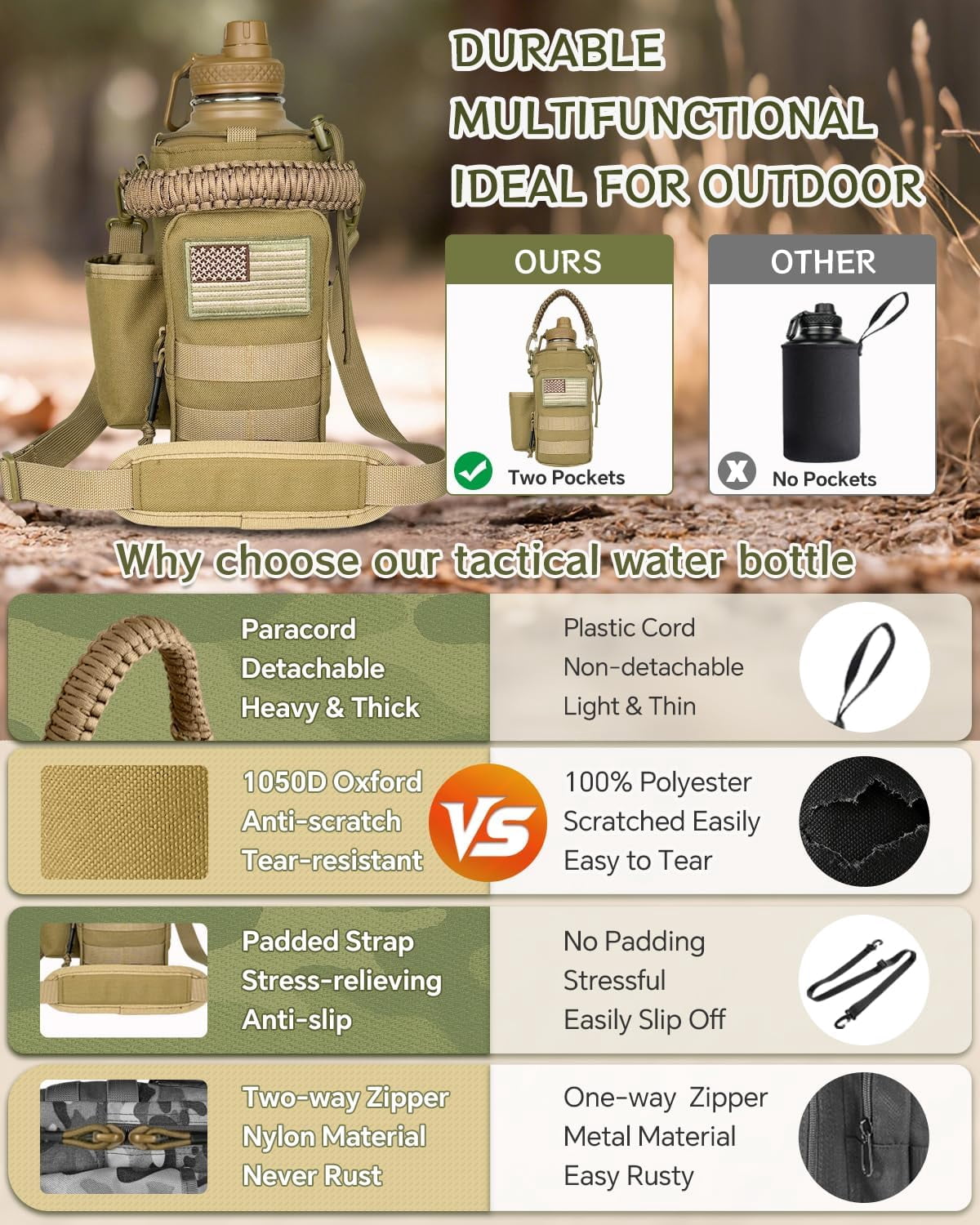 Half Gallon Water Bottle Insulated with Sleeve-64 oz Stainless Steel Water Jug with Strap Paracord Handle Metal Sport GYM Water Bottles for Men Women Hunting Hiking Travel Biking Camo CP
