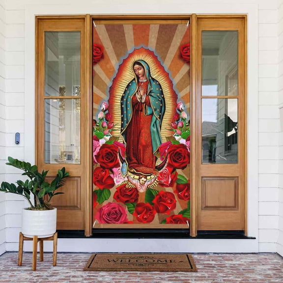 Door Decorations Virgin Mary Banner Our Lady of Guadalupe Door Cover for Porch Party Indoor/Outdoor 72.8 x 35.4 Inch