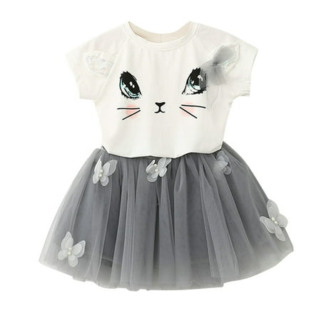 

Toddler Kids Baby Girls Dress Little Girl Cute Cat Short Sleeve T Shirt Tops Skirt 2pcs Casual Floral Prom Dresses Set Teens Clothes for Girls Fall