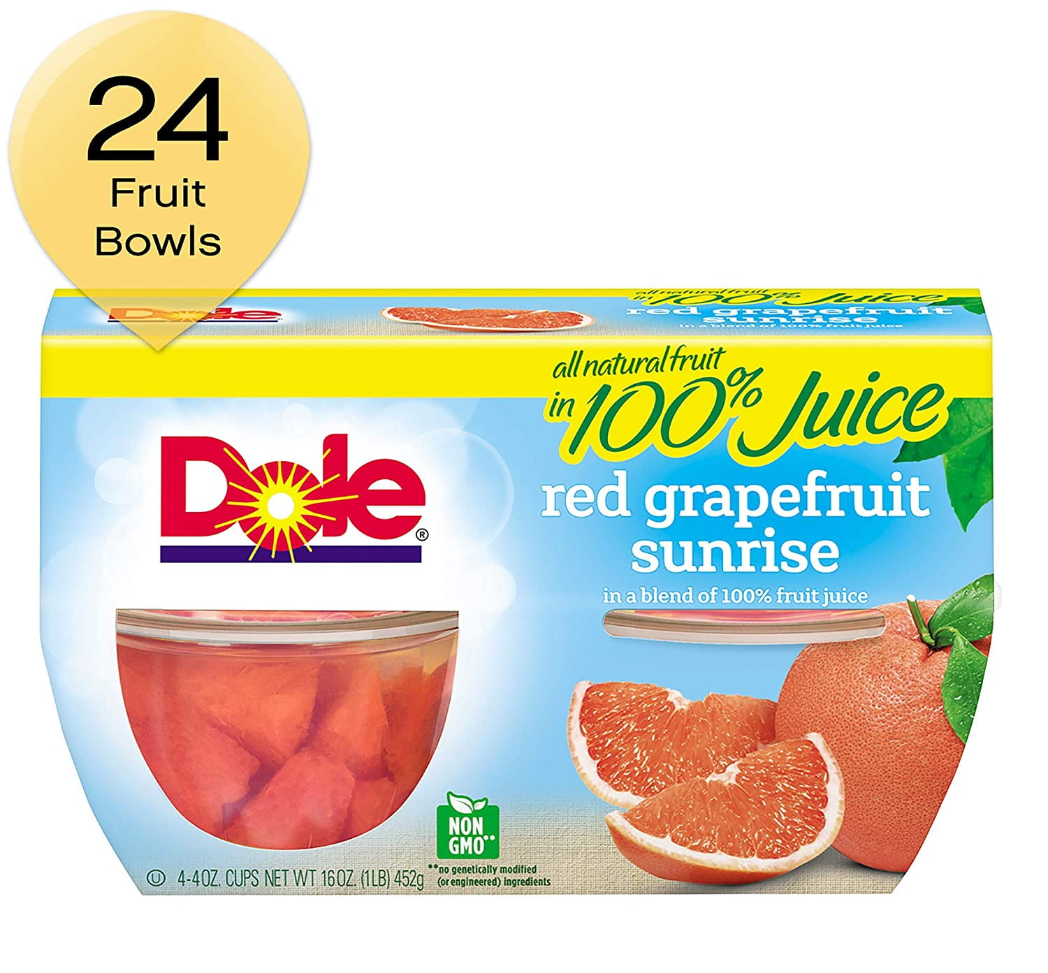 Dole Fruit Bowls Red Grapefruit Sunrise In A Blend Of 100 Fruit Juice, 4 Count Cups (Pack Of 6