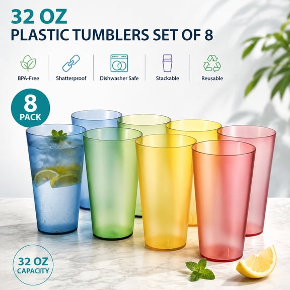 32oz Plastic Tumblers, Set of 8 Multicolor Reusable Acrylic Drinking Cups, BPA-Free, Shatterproof, Stackable, Dishwasher Safe
