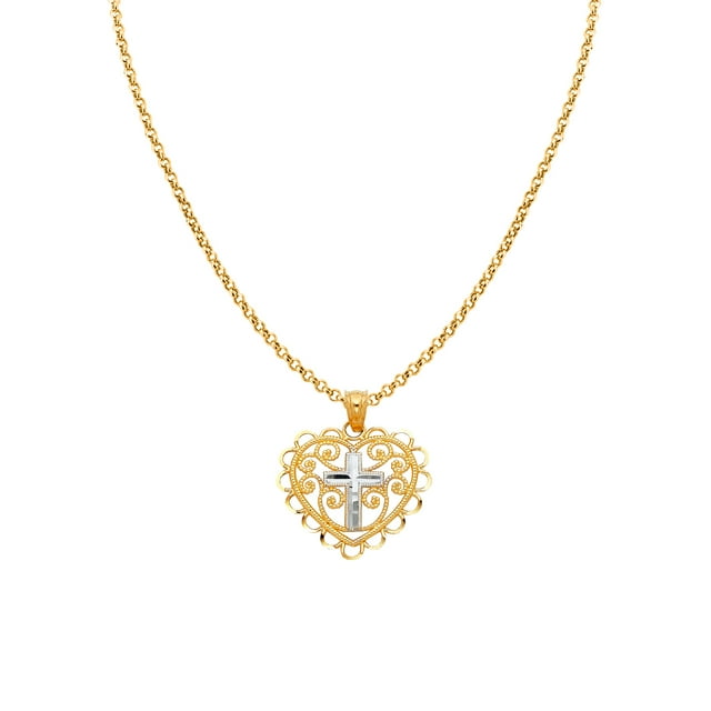 Pendentif Croix et Cœur en Filigrane Bicolore 14k avec Chaîne Rolo 1,2 mm