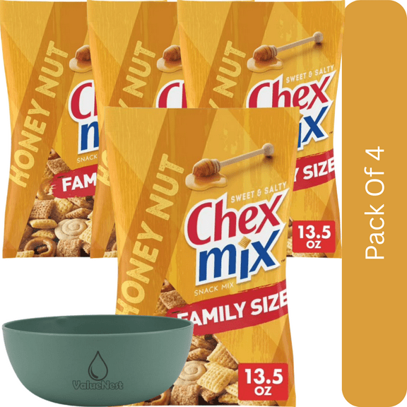 Chex Mix Honey Nut Sweet & Salty Snack Mix, Family Size, 13.5 oz-4pk, With Olive Green Bowl By ValueNest